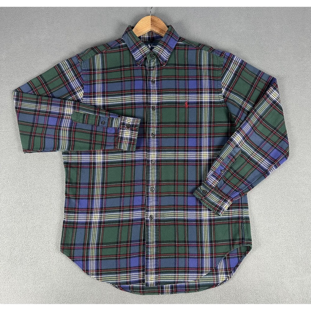 Ralph Lauren Shirt Medium Green Purple Blue Tartan Classic Flannel Pony Logo - Picture 2 of 9